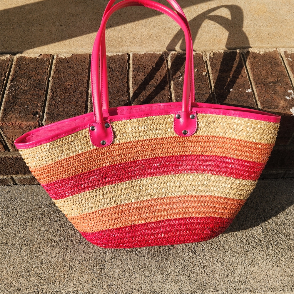 Striped Woven Tote Bag with Pink Trim
